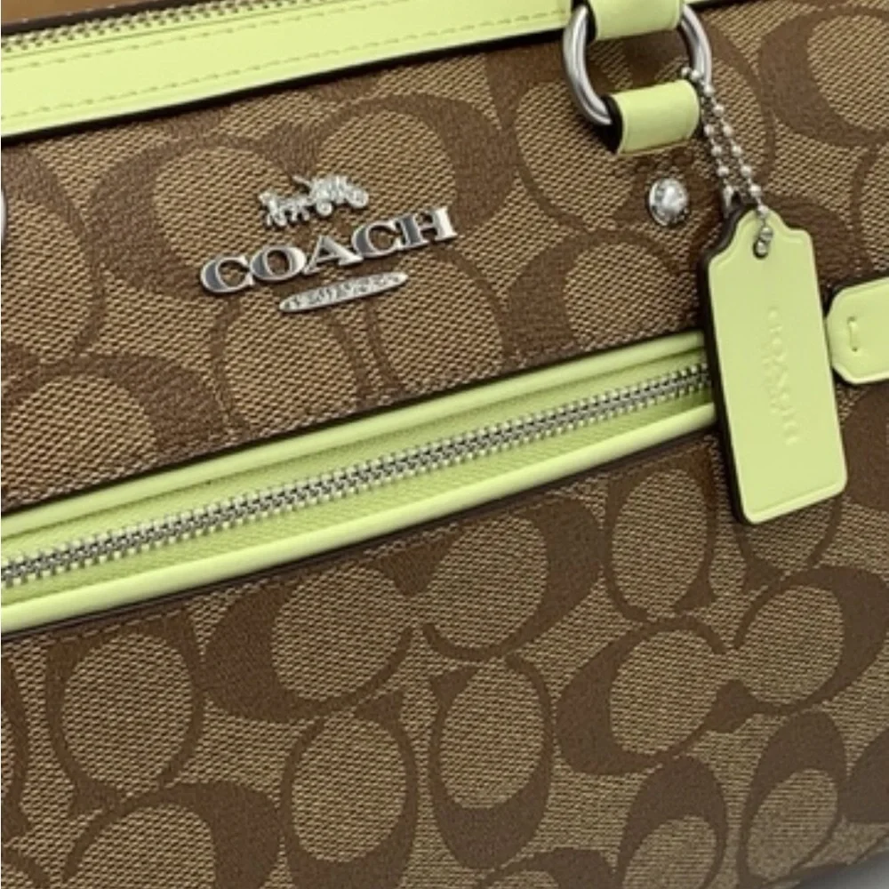 COACH  (83607) Rowan Khaki/Pale Lime Signature Medium Satchel Crossbody Handbag - Picture 15 of 16